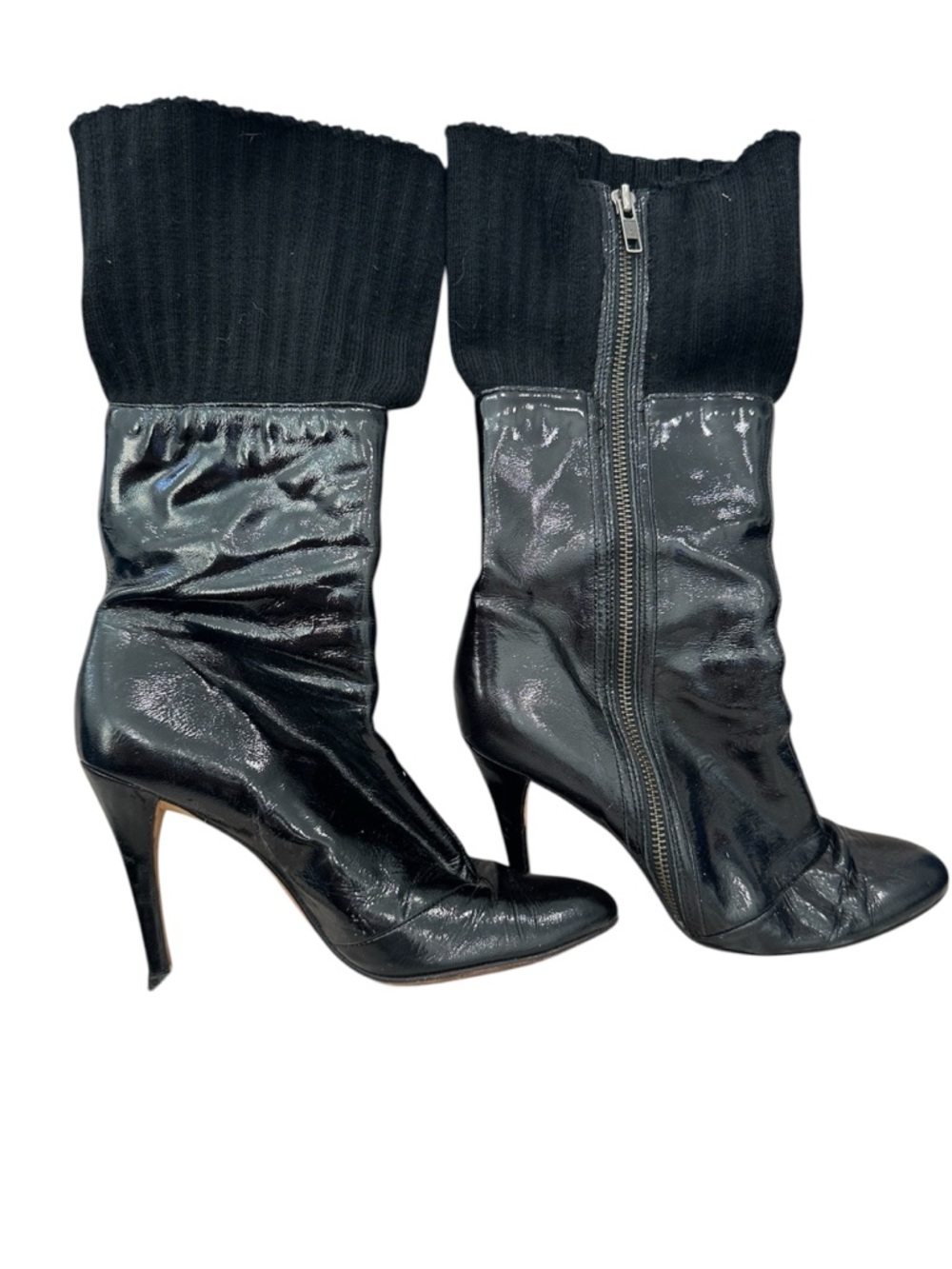 Boutique 9 Black Patent Mid-Calf Heeled Boots with Knit Cuff